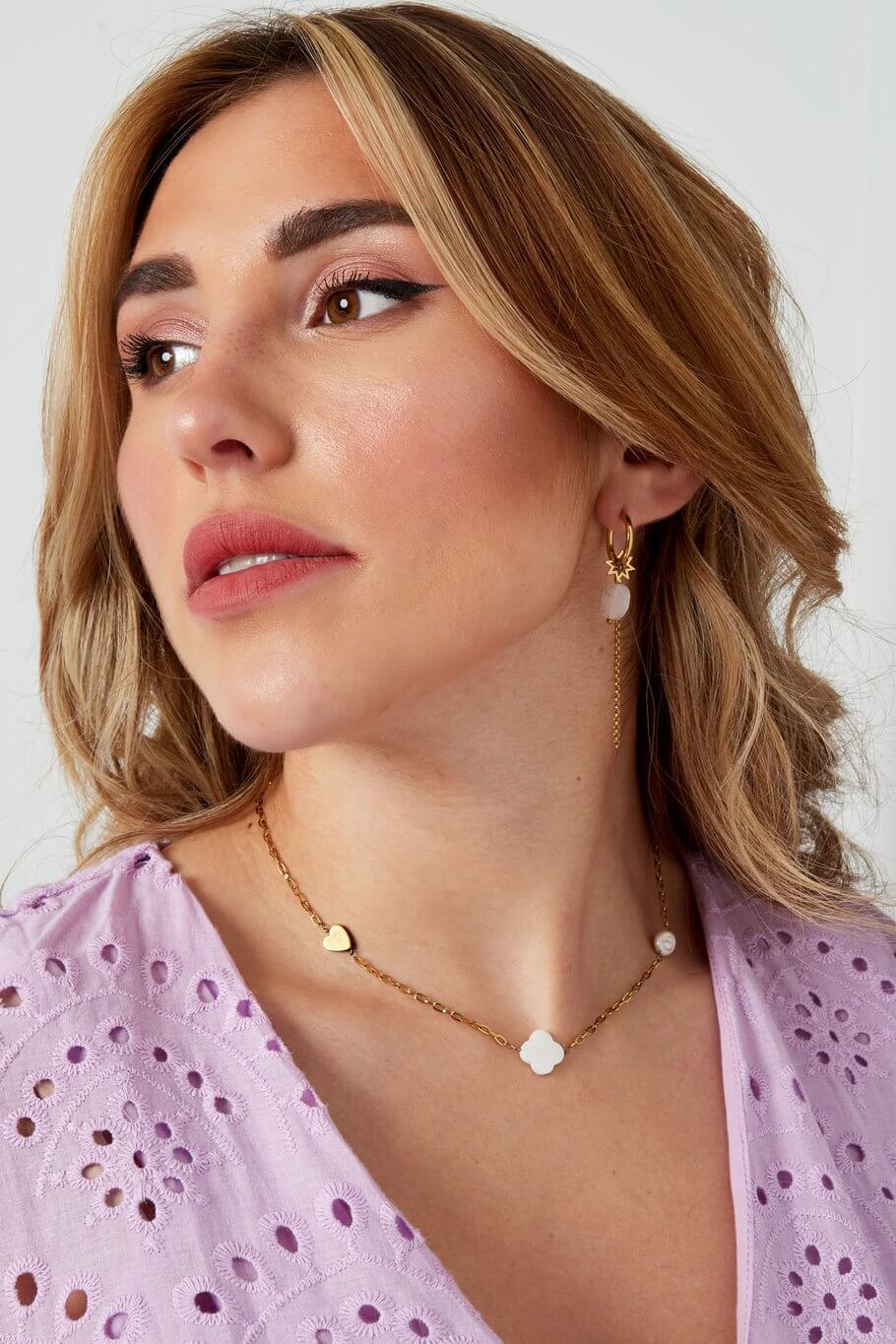 Schakelketting zilver klaver, hartje en parel model