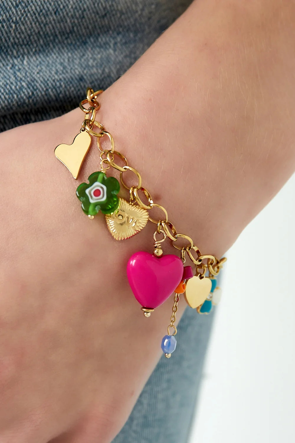 Statement bedelarmband met hartjes en kleurrijke bedels stainless steel LoveSieraden