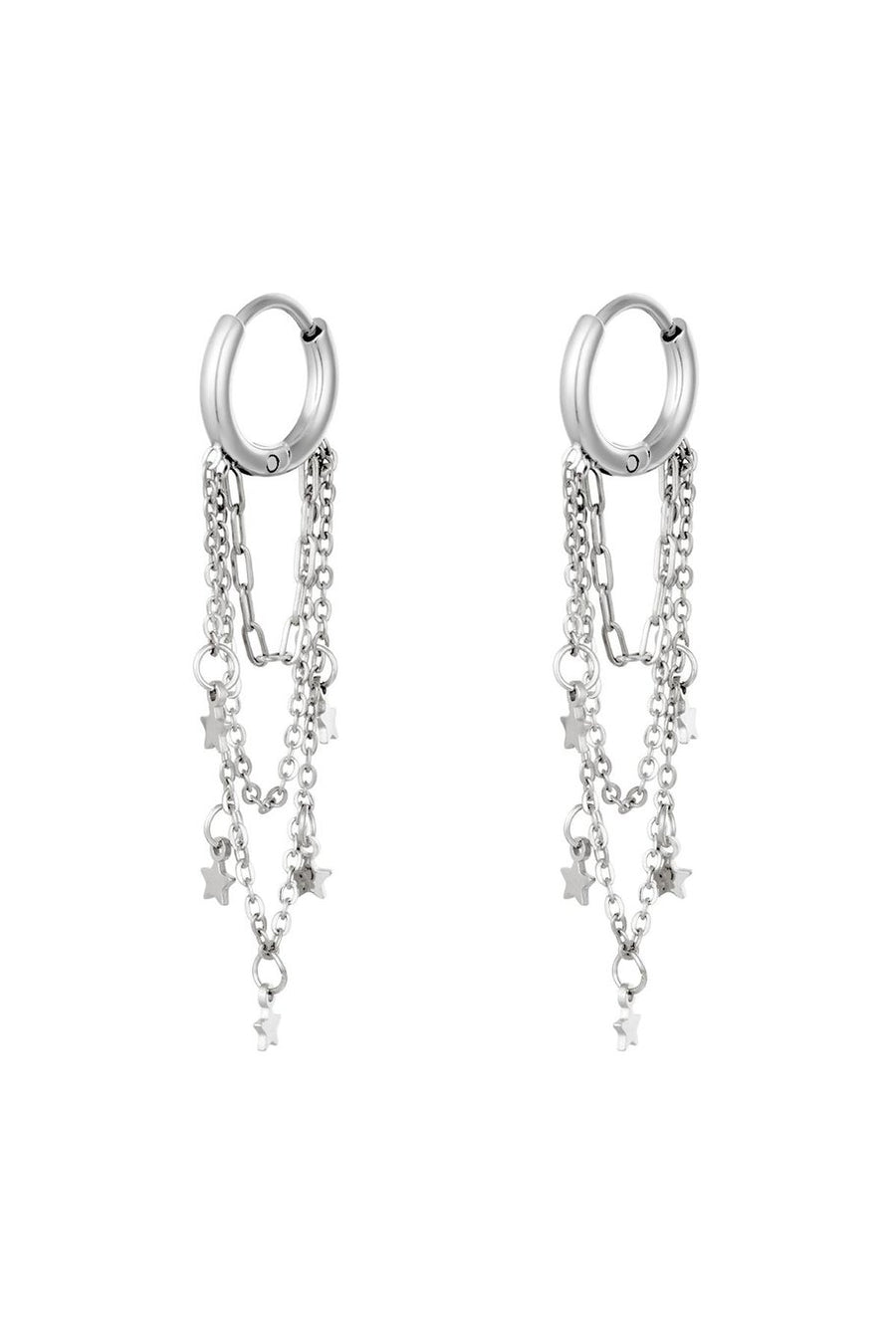 Zilveren oorringen met ketting & sterren stainless steel