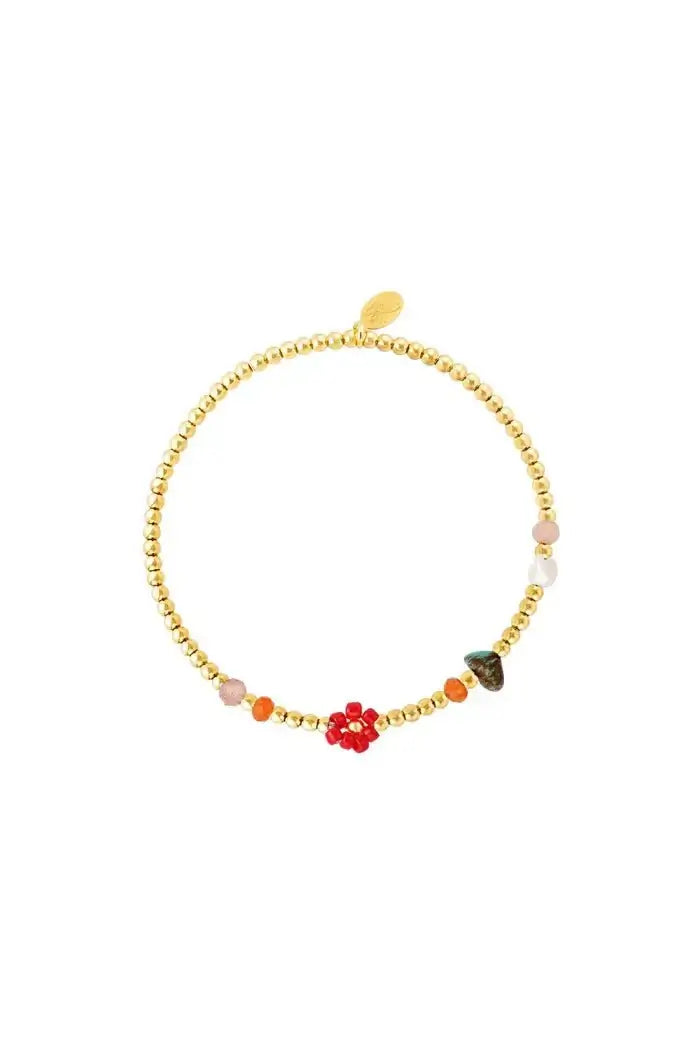 Armband met kleurrijke kralen en een rode bloem - LoveSieraden