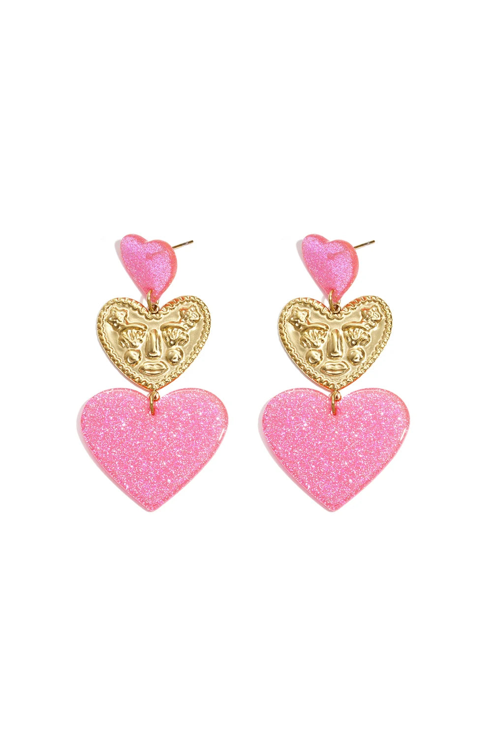 Oorbellen drie harten roze met glitter LoveSieraden