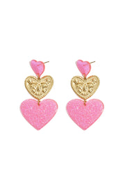 Oorbellen drie harten roze met glitter LoveSieraden
