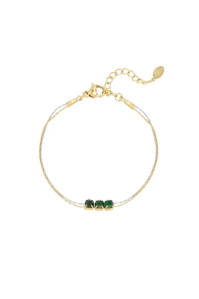 Dubbele armband goud en zilver met groene steentjes - LoveSieraden