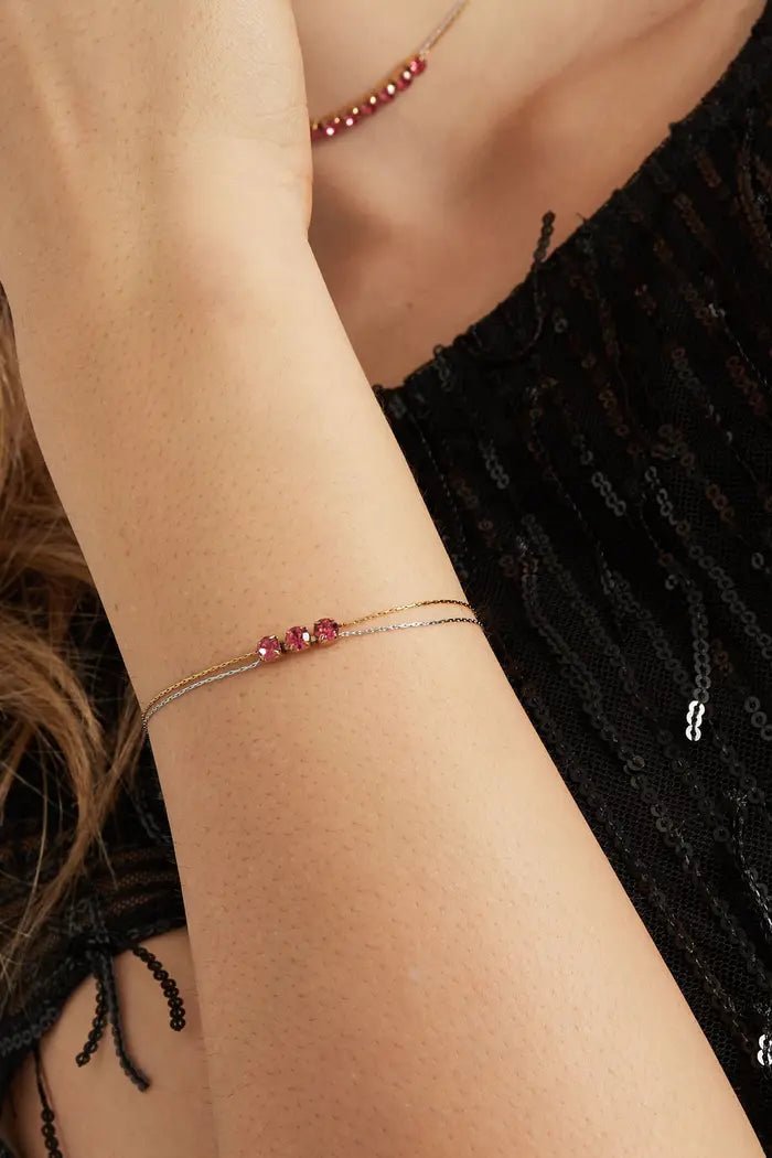 Dubbele zilveren en gouden armband met roze steentjes - LoveSieraden