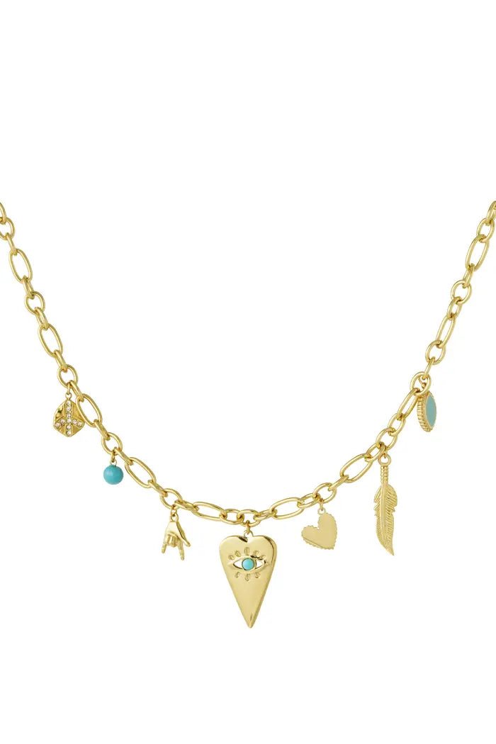 Gouden ketting met subtiele blauwe kleuren en zeven bedels - LoveSieraden