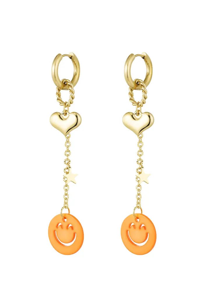 Gouden oorhangers ketting met hart, ster en een oranje smiley - LoveSieraden