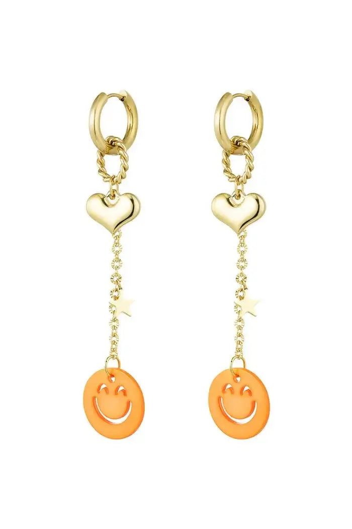 Gouden oorhangers ketting met hart, ster en een oranje smiley - LoveSieraden