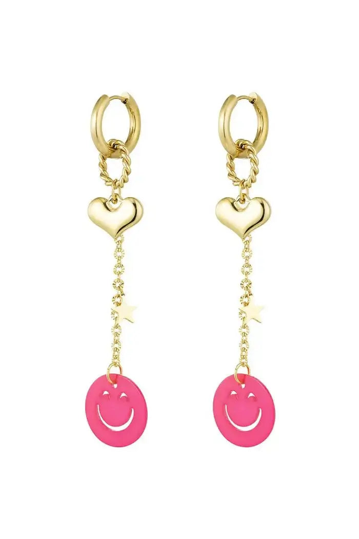 Gouden oorhangers ketting met hart, ster en een oranje smiley - LoveSieraden