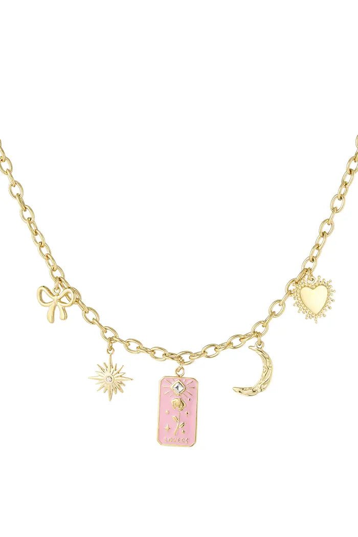 Ketting roze met 5 bedels met tekst ‘lovers’ - LoveSieraden