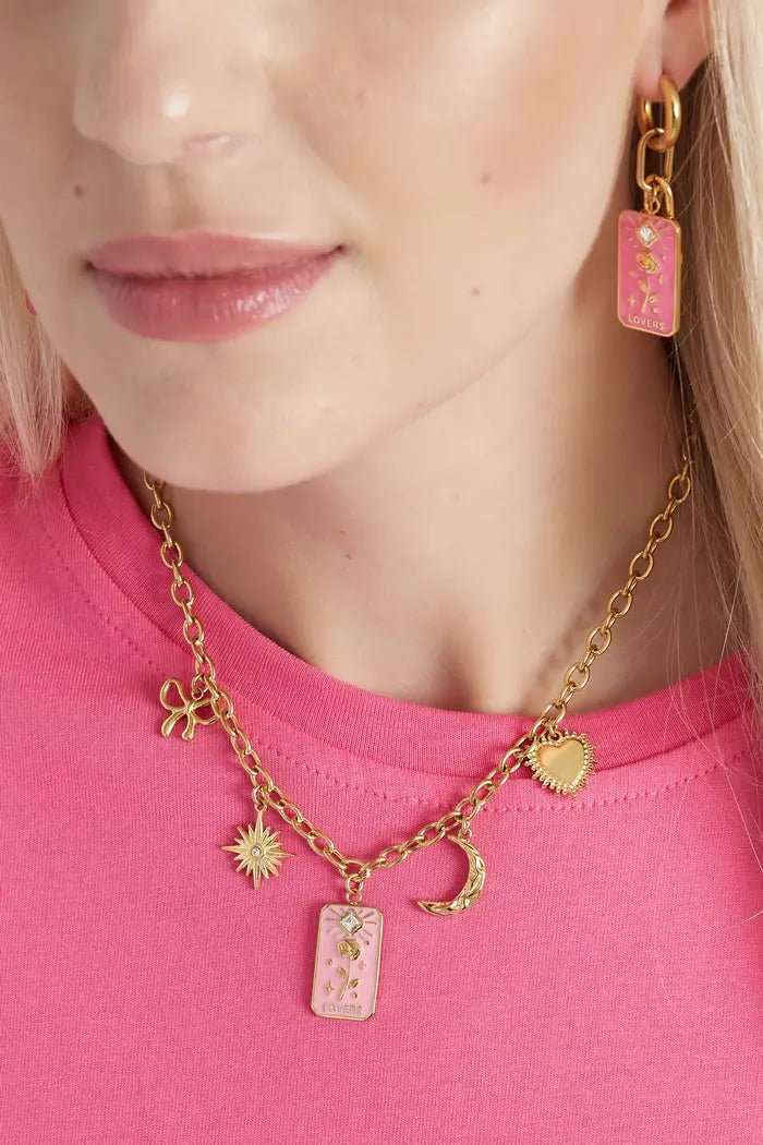 Ketting roze met 5 bedels met tekst lovers - LoveSieraden