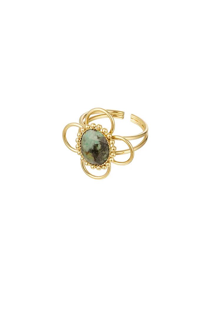 Ring goud met fraaie open bloem en steen blauw of groen - LoveSieraden