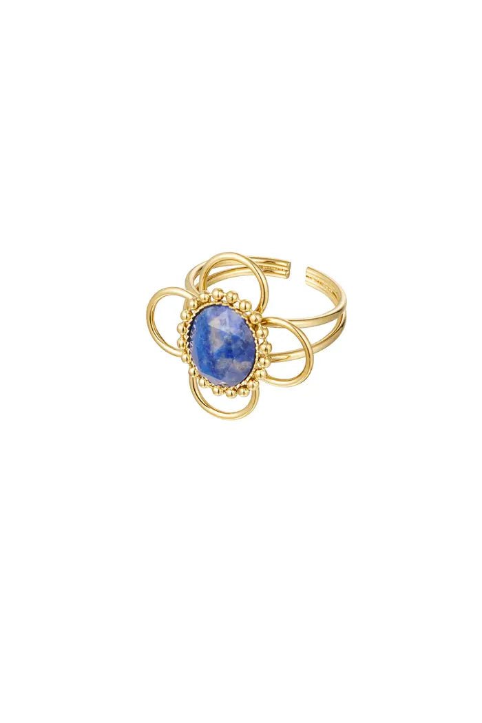 Ring goud met fraaie open bloem en steen blauw of groen - LoveSieraden