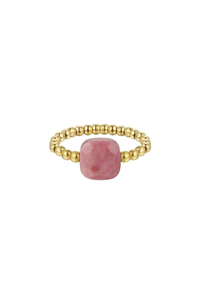 Ring gouden kraaltjes met grote roze steen - LoveSieraden