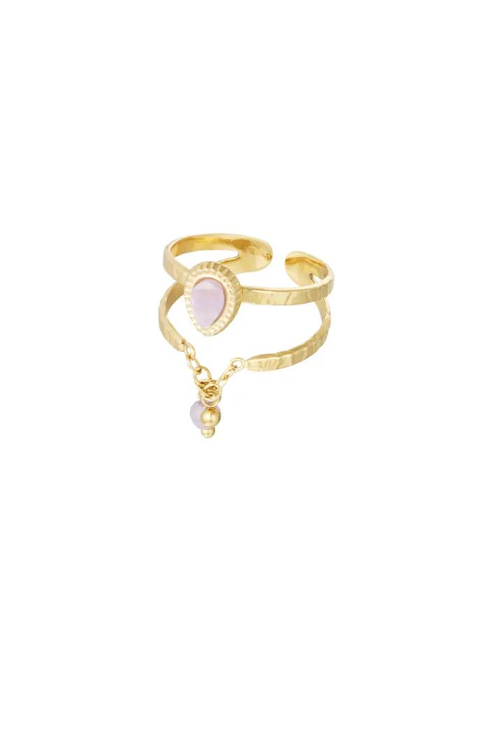 Ring met sierlijk kettinkje en lila/lichtgroene steen - LoveSieraden