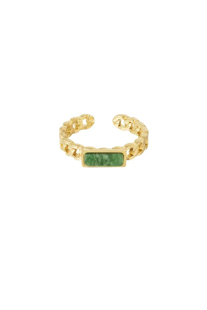 Ring schakels met langwerpige groene steen - LoveSieraden