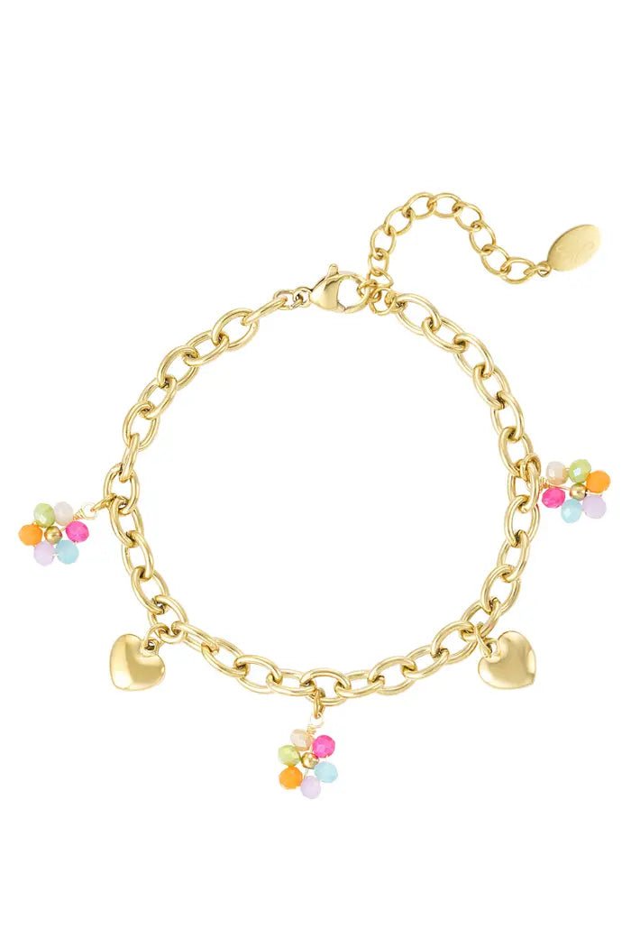 Schakelarmband met bloemetjes en hartjes bedels - LoveSieraden