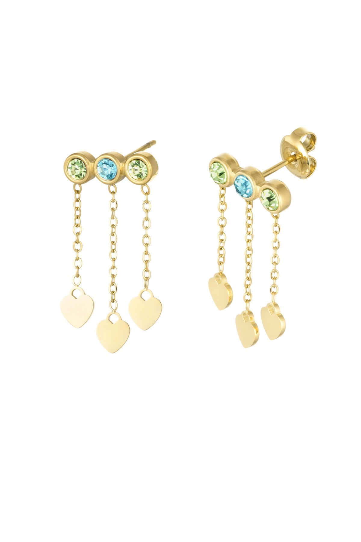 Trendy gouden oorbellen met schattige steentjes, kettinkjes en hartjes - LoveSieraden